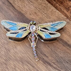 Dragonfly Goldtone Blue Yellow Enamel Swarovski Crystal Trinket Box
